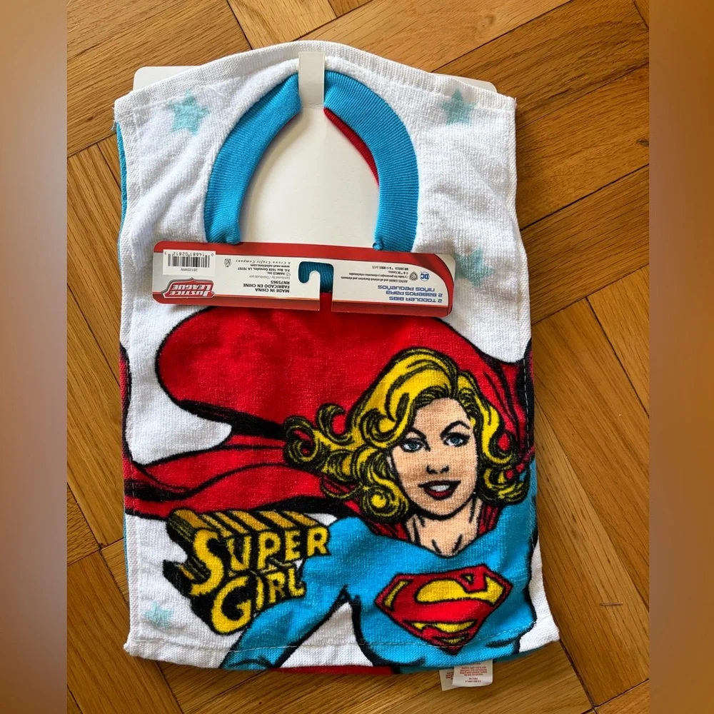 NEW Justice League DC Supergirl  & Wonder Woman Bibs - Set of 2 Toddler Girl Sz.